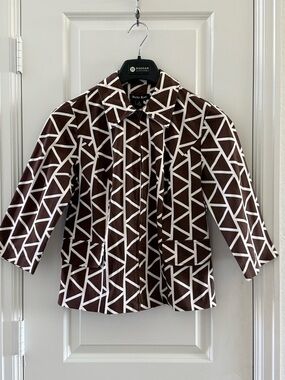 Dana Kay Womens Brown & White Geometric Print Jacket Zip Front Size 8 Cotton